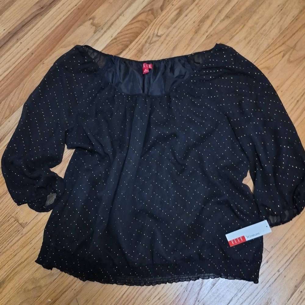 NWT Elle Black and Gold Women's Peasant Blouse w Copper Sequins Sz  2X